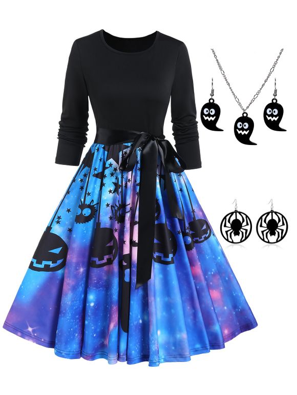 Halloween Outfit Pumpkin Star Galaxy Print Long Sleeve Belted Dress Necklace Earrings Jewelry Set - multicolor S