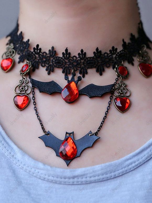 Collier Ras-du-Cou Chauve-souris Cœur Goutte D'Eau en Dentelle avec Strass - Noir 1PC