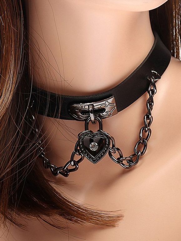 Gothic Choker Chain Heart Faux Leather Punk Necklace - BLACK 