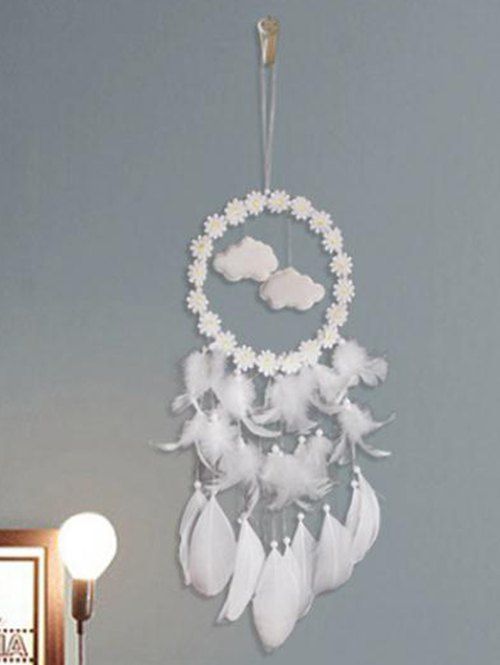 Attrape-Rêve Orné de Fleurs Nuages et Lumières Style Bohémien Décoration Maison - Blanc 