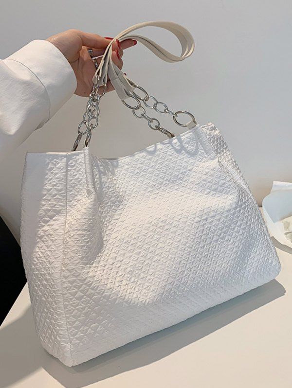 Sac à Main en Nylon avec Couture et Bouton Magnétique - Blanc 