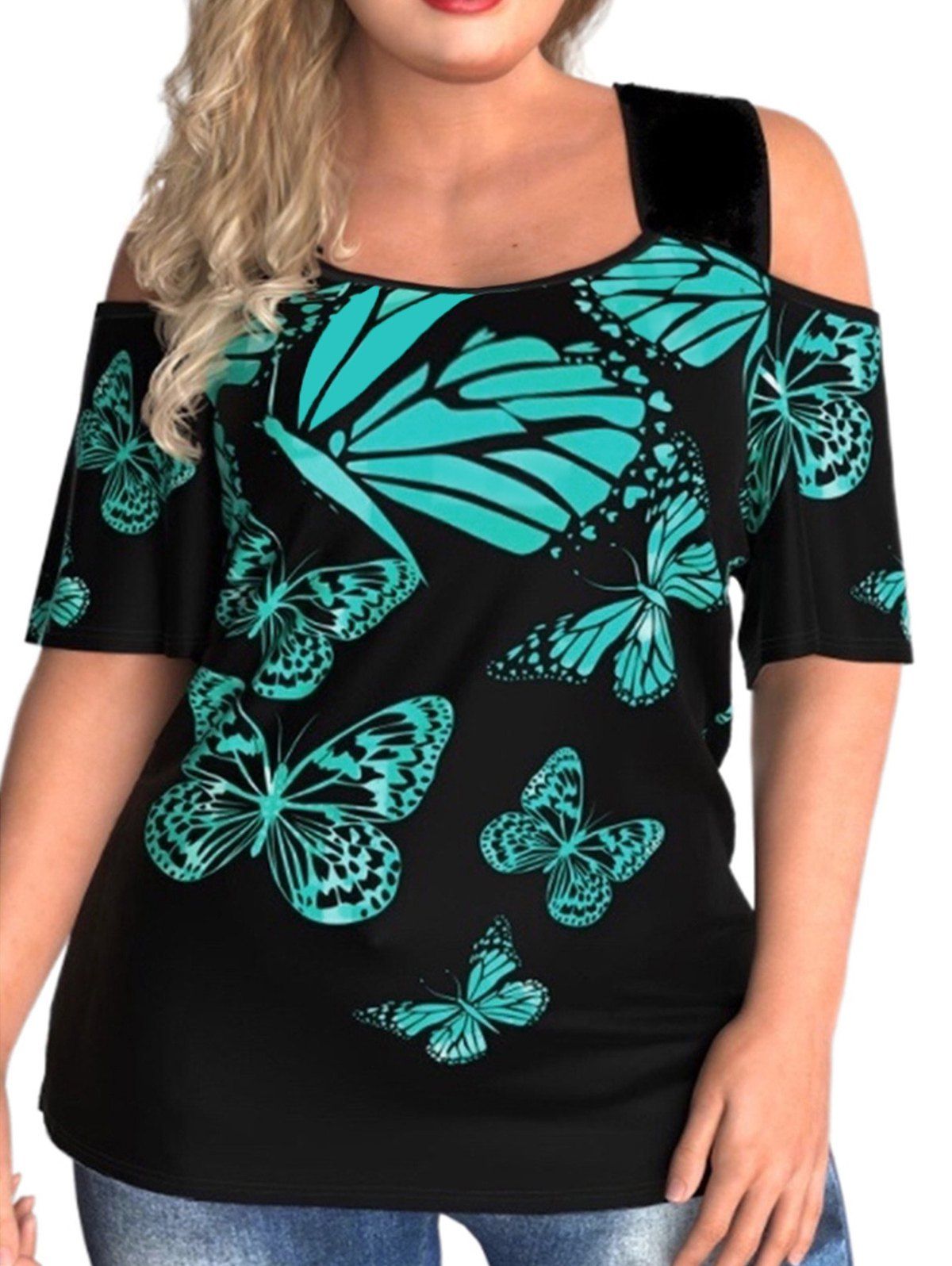 T-shirt Décontracté à Imprimé Papillon à Epaule Dénudée de Grande Taille - Vert profond XL