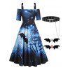 Bat Moon Night Print Cold Shoulder Midi Dress With Buckle Chain PU Belt And Hair Clips Halloween Outfit - BLUE S