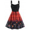 Skeleton Pumpkin Plaid Print Colorblock Lace Up Dress And Hair Clips Earrings Halloween Outfit - multicolor S