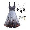 Bat Pumpkin Tree Branch Print Sequined Dress And Ghost Necklace Earrings Rings Set Halloween Outfit - multicolor S
