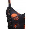 Halloween Pumpkin Skull Moon Bat Print High Low Dress And Lace Up Elastic Wide Waist Belt Earrings Outfit - BLACK S