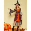 Halloween Pumpkin Bat Cat Moon Print Bell Sleeve See Thru Asymmetric Dress And Butterfly Skeleton Party Mask Spider Earrings Outfit - multicolor S