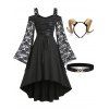 Floral Lace Cold Shoulder Long Sleeve Lace Up High Low Midi Dress And Cow Horns Hairband PU Belt Gothic Outfit - BLACK S