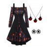 Pumpkin Skull Bat Cat Print Ruffle Dress Lace Up Tank Top And Necklace Earrings Halloween Outfit - BLACK S