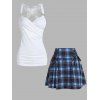 Ruched Butterfly Lace Surplice Tank Top And Plaid Print Lace Up Pleated Mini Skirt Casual Outfit - multicolor S