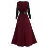 High Slit Longline Hooded Top And Flower Lace Insert Long Sleeve Mini Tee Dress Two Piece Set - DEEP RED XXL