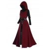 High Slit Longline Hooded Top And Flower Lace Insert Long Sleeve Mini Tee Dress Two Piece Set - DEEP RED XXL