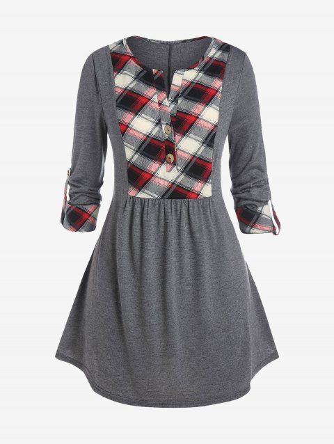 Plus Size Plaid Cuffed Rolled Up Sleeve Tee