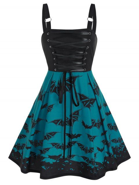 Plus Size Dress Lace Up Bat Print Colorblock High Waist A Line Mini Dress