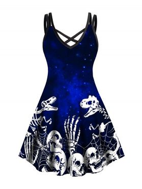 Plus Size Halloween Dress Starry Night Skeleton Skull Spider Web Dinasour Print Crisscross Gothic Dress