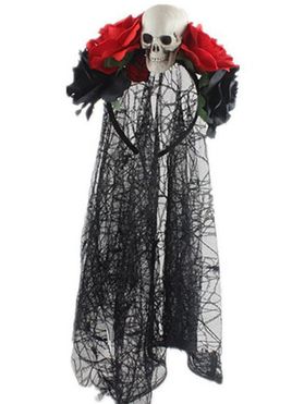 Halloween Wreath Headband Rose Flower Skull with Black Mesh Veil Tulle Crown