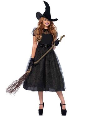 Halloween Costume Mesh Overlay Dress Witch Hat Belted Gloves Cosplay Costume