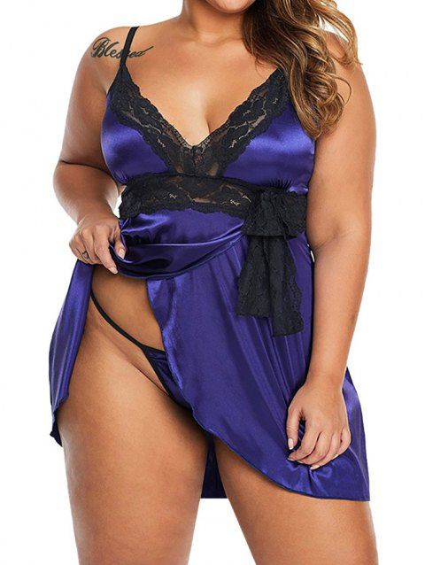 Plus Size Lingerie Dress Lace Panel Plunging Neck Bowknot Colorblock Lingerie