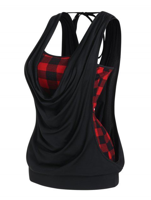 Plus Size Top Plaid Print Cami Top and Solid Color Draped Tied Back Tank Top Two Piece Top Set