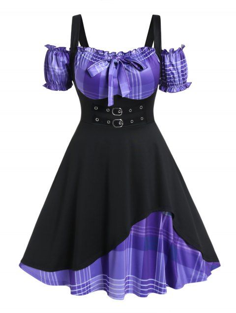 Plus Size Dress Contrast Colorblock Plaid Print Ruffle Bowknot Cold Shoulder A Line Midi Dress