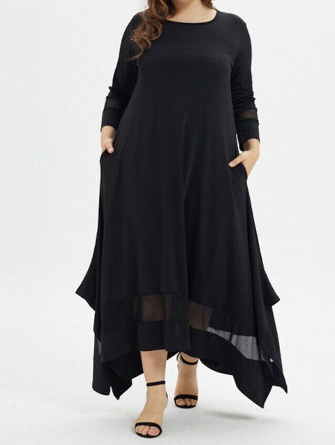 Plus Size Dress Mesh Panel Maxi Dress Asymmetric Side Slit Hidden Pockets Dress
