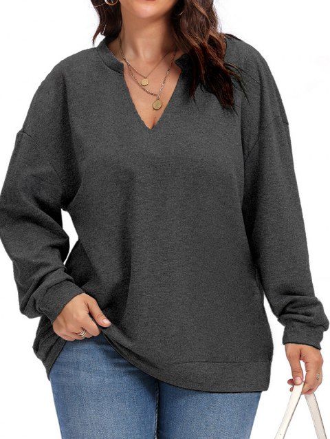 Plus Size Sweatshirt Heather Stand Collar V Notch Long Sleeve Casual Sweatshirt