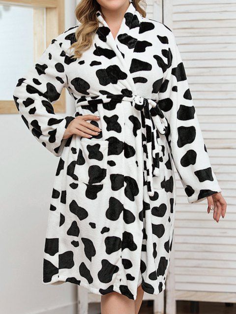Plus Size Sleepwear Fluffy Cow Print Belted Long Sleeve Robe