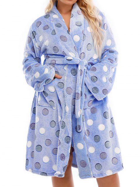 Plus Size Sleepwear Geometric Print Fluffy Belted Long Sleeve Pockets Robe