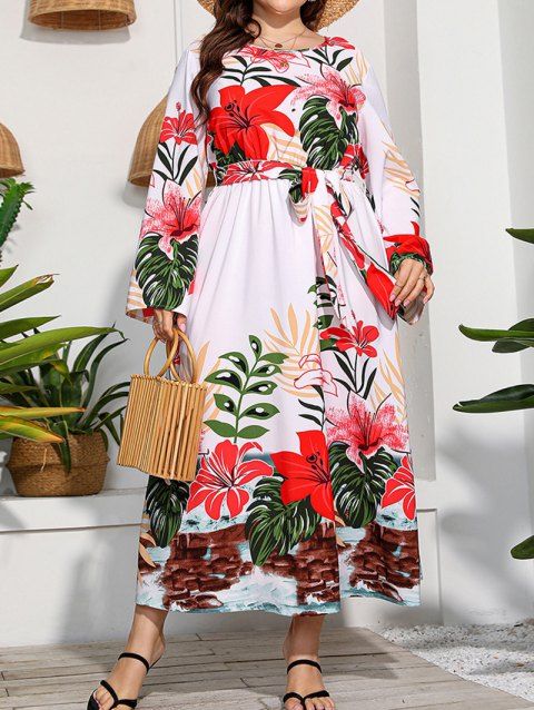 Plus Size Dress Leaf Flower Print Belted High Waisted Long Sleeve A Line Maxi Dress