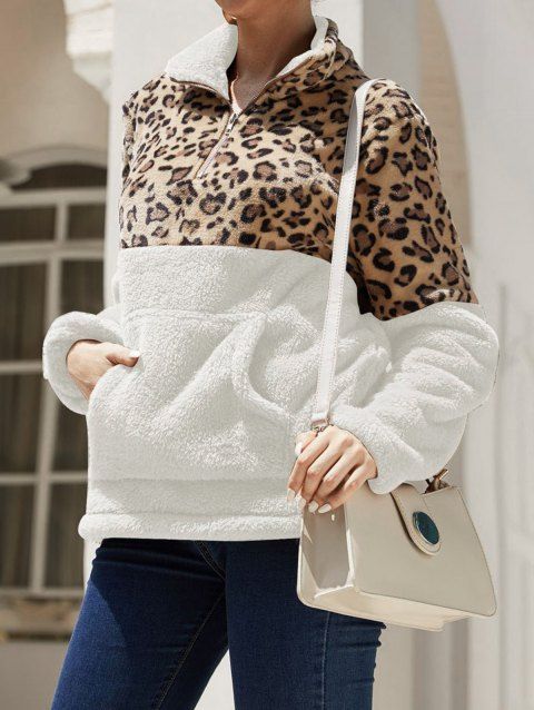 Fluffy Sweatshirt Leopard Print Panel Zipper Front Kangaroo Pocket Long Sleeve Sweatshirt
