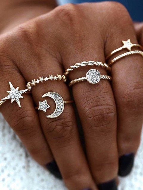 6Pcs Alloy Rhinestone Moon Star Round Finger Rings Set
