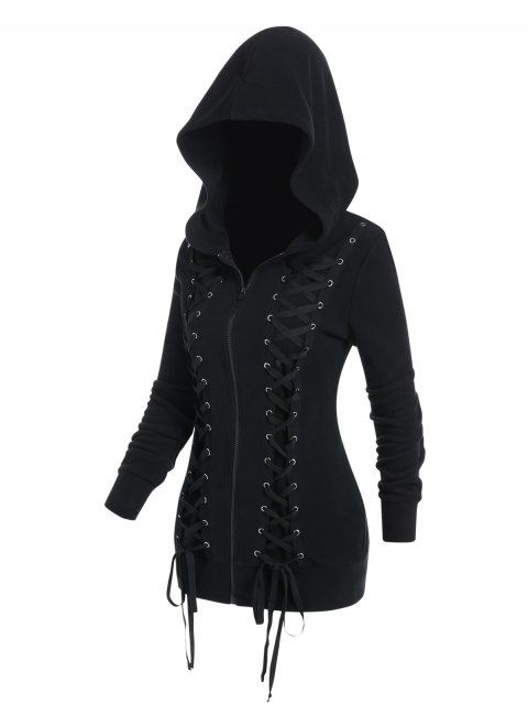 Veste à capuche à lacets et œillets floqués Veste gothique zippée avec capuche