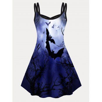 Plus Size Mini Dress Halloween Bat Moon Night Tree Branches Print Dress Crisscross Dual Straps Cami Dress
