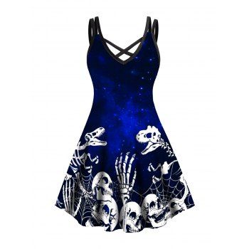 

Plus Size Halloween Dress Starry Night Skeleton Skull Spider Web Dinasour Print Crisscross Gothic Dress, Black