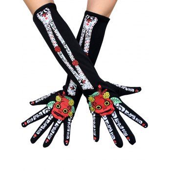 

Halloween Party Cosplay Flower Skull Print Full Finger Long Arm Gloves, Black
