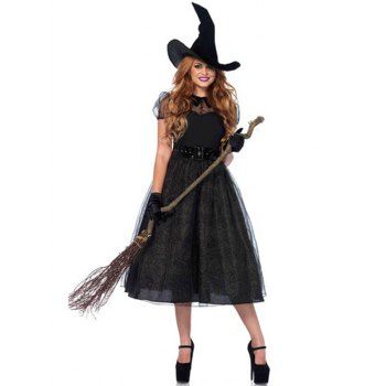 

Halloween Costume Mesh Overlay Dress Witch Hat Belted Gloves Cosplay Costume, Black