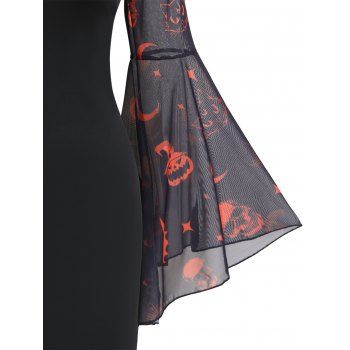 Off The Shoulder Sheath Dress Halloween Pumpkin Skull Bat Moon Printed Sheer Lace Flare Sleeve Back Slit Dress
