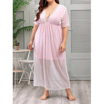

Plus Size Sleepwear Colorblock Dress Lace Insert Mesh Overlay High Waisted Maxi Sleepwear, Light pink