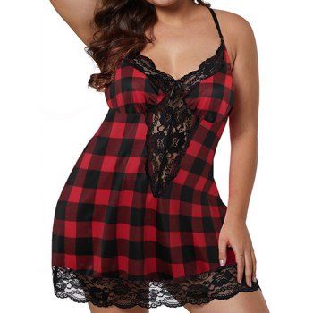 

Plus Size Lingerie Dress Plaid Print Lace Panel Scalloped Sheer Lingerie Set, Red