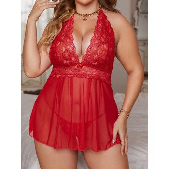 

Plus Size Lingerie Dress Sheer Flower Lace Panel Solid Color Halter Lingerie Set, Red