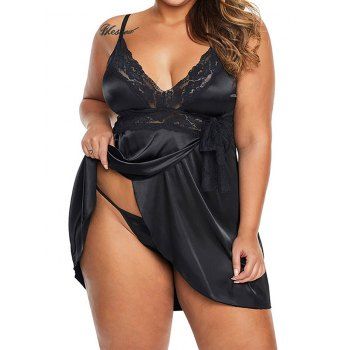 

Plus Size Lingerie Dress Lace Panel Plunging Neck Bowknot Colorblock Lingerie, Black