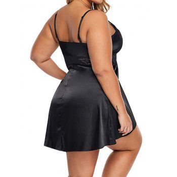 Plus Size Lingerie Dress Lace Panel Plunging Neck Bowknot Colorblock Lingerie