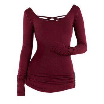 

Long Sleeve Solid Color Top Crisscross Ruched Rivets Applique Casual Top, Deep red