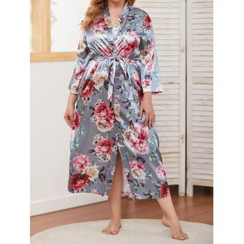 

Plus Size Sleepwear Flower Print Belted Three Quater Sleeve Wrap Sleepwear, Light gray