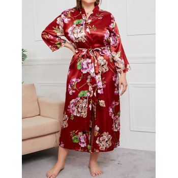 

Plus Size Sleepwear Wrap Belted Flower Print Long Sleeve Sleepwear, Red