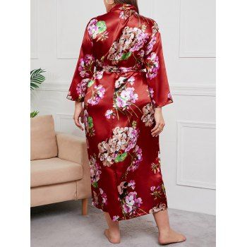 Plus Size Sleepwear Wrap Belted Flower Print Long Sleeve Sleepwear