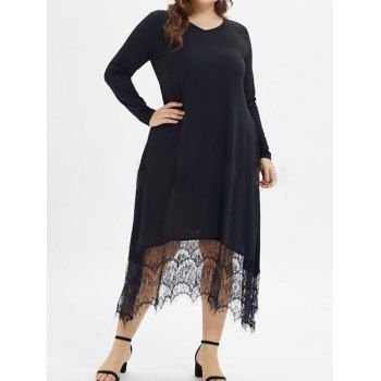 

Plus Size Dress Lace Panel Solid Color V Neck Long Sleeve Midi Dress, Black