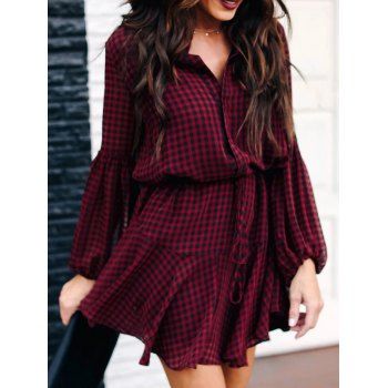 

Plaid Print Mini Dress Latern Sleeve Half Button Dress High Waist Dress, Deep red