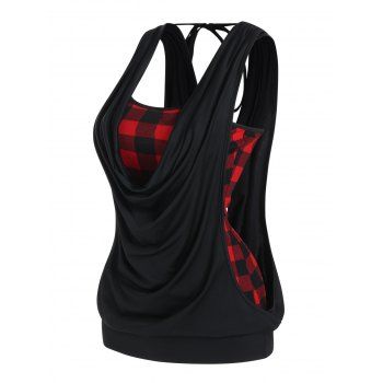 

Plus Size Top Plaid Print Cami Top and Solid Color Draped Tied Back Tank Top Two Piece Top Set, Black