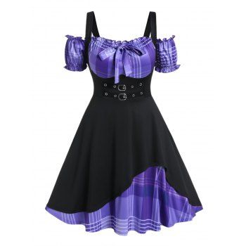 

Plus Size Dress Contrast Colorblock Plaid Print Ruffle Bowknot Cold Shoulder A Line Midi Dress, Purple